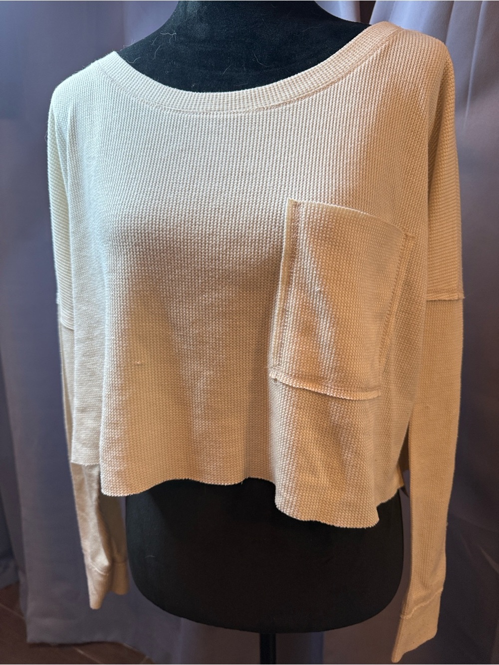 Cream Waffle-Knit Cropped Women’s Sweater w/ Extra Long Sleeves